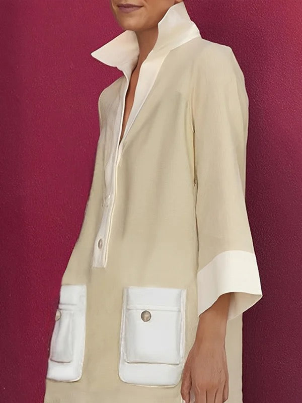 Olivia Bennet | A-Line Loose Buttoned Contrast Color Pockets Stand Collar Mini Dresses