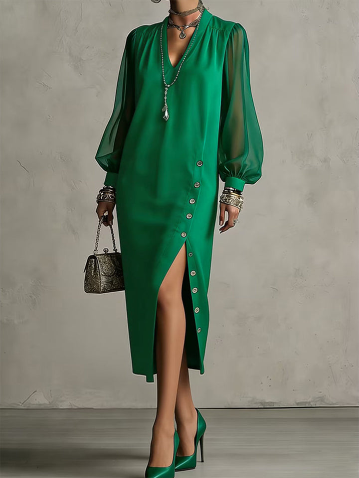 Olivia Bennet | Long Sleeves Puff Sleeves Buttoned Pleated Pockets Solid Color Split-Side V-Neck Midi Dresses