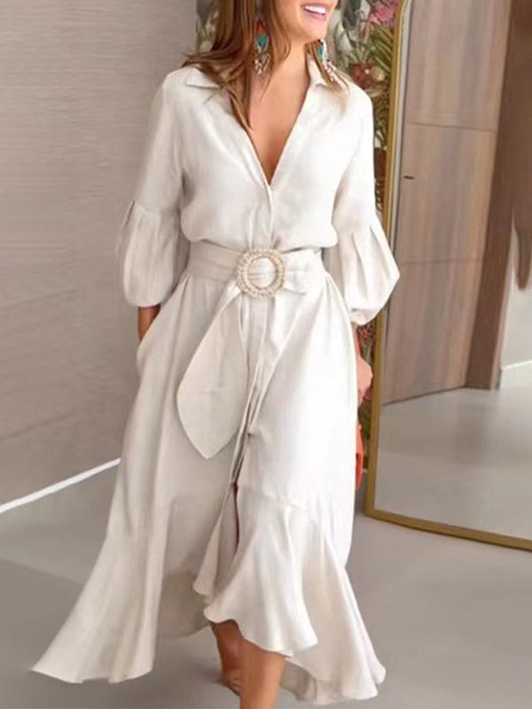 Olivia Bennet | High-Low Puff Sleeves Pleated Solid Color Lapel Collar Maxi Dresses