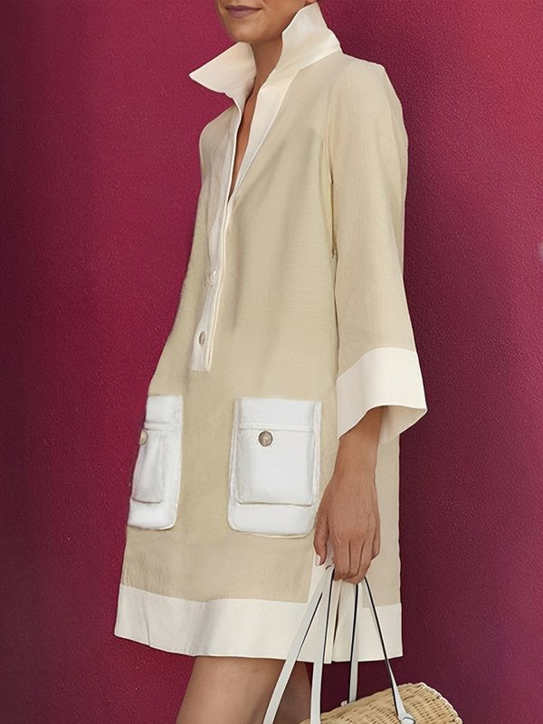 Olivia Bennet | A-Line Loose Buttoned Contrast Color Pockets Stand Collar Mini Dresses