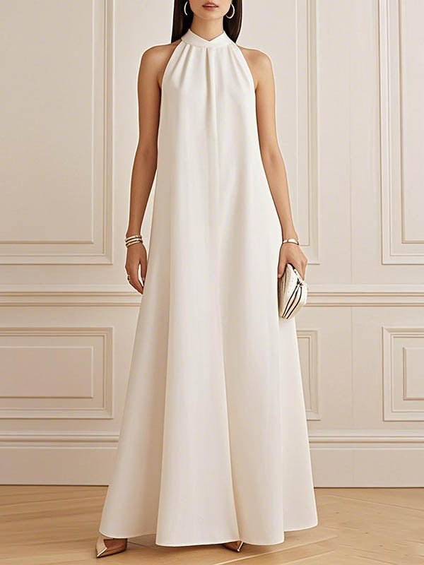 Olivia Bennet | A-Line Loose Pleated Solid Color Mock Neck Maxi Dresses