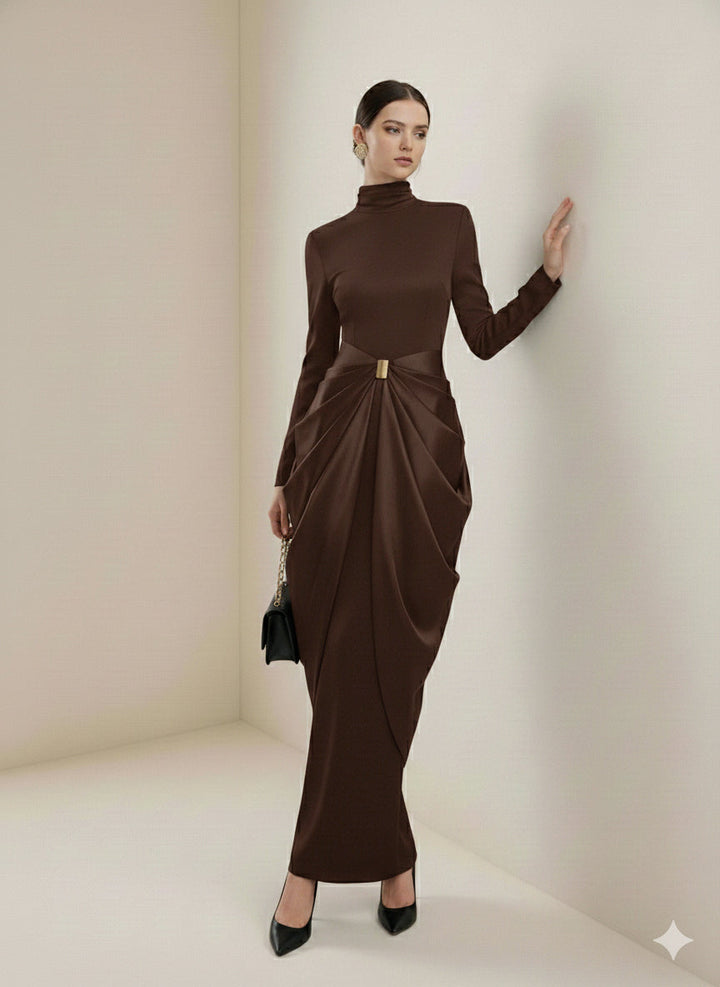Olivia Bennet | Long Sleeves Buckle Draped High-Neck Evening Dresses Maxi Dresses