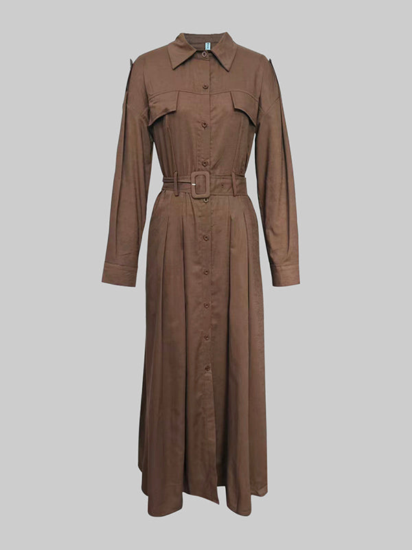Olivia Bennet | Loose Puff Sleeves Pleated Solid Color Split-Joint Lapel Maxi Dresses Shirt Dress