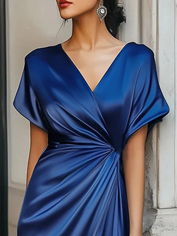 Olivia Bennet | Loose Short Sleeves Asymmetric Solid Color Split-Joint V-Neck Evening Dresses Maxi Dresses