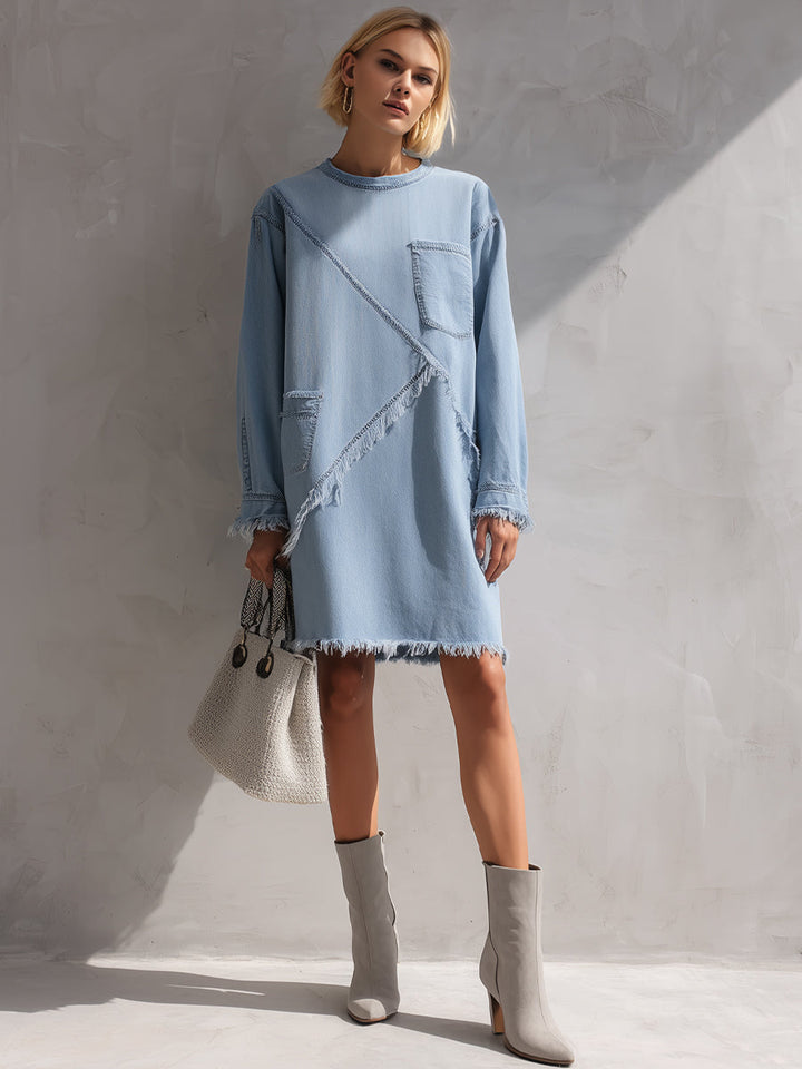 Olivia Bennet | Light Blue Raw-Edge Mini Denim Dress