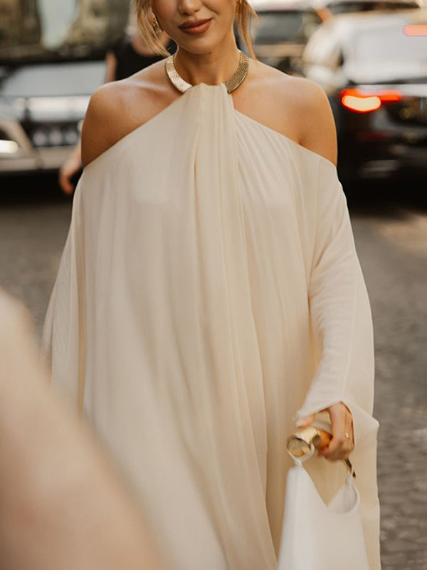 Olivia Bennet | Long Sleeves Loose Solid Color Halter-Neck Maxi Dresses