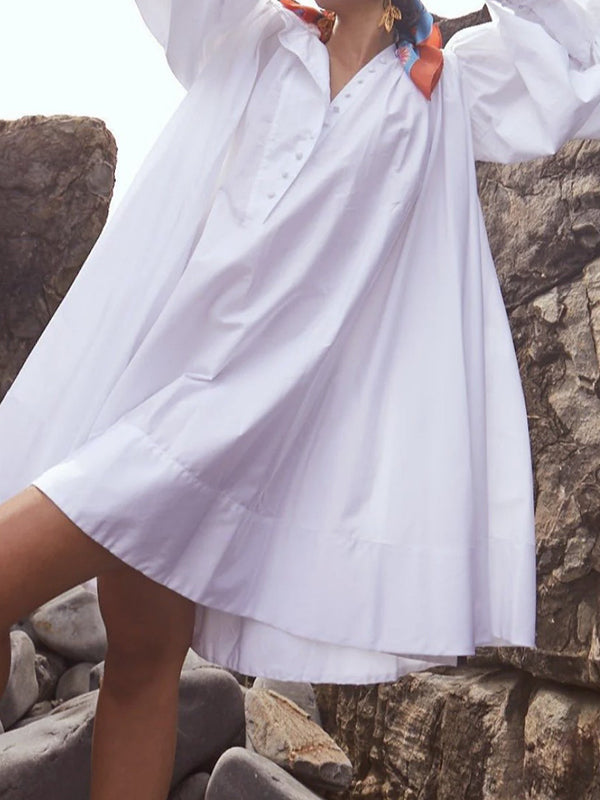 Olivia Bennet | Long Sleeves Loose Buttoned Solid Color Stand Collar Mini Dresses Shirt Dress