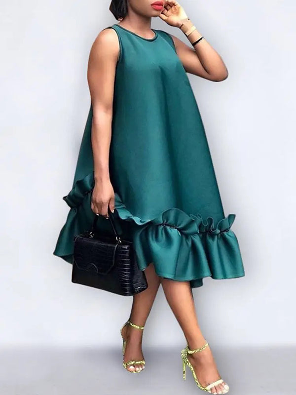 Olivia Bennet | A-Line High Waisted Pleated Pockets Ruffle Trim Solid Color Round-Neck Midi Dresses