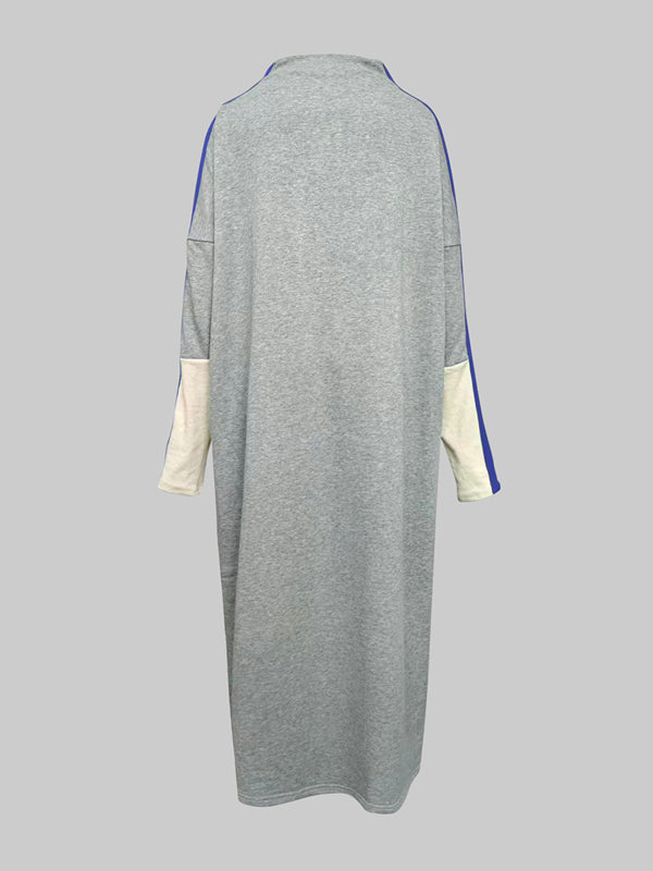 Olivia Bennet | Long Sleeves Loose Contrast Color Stand Collar Maxi Dresses