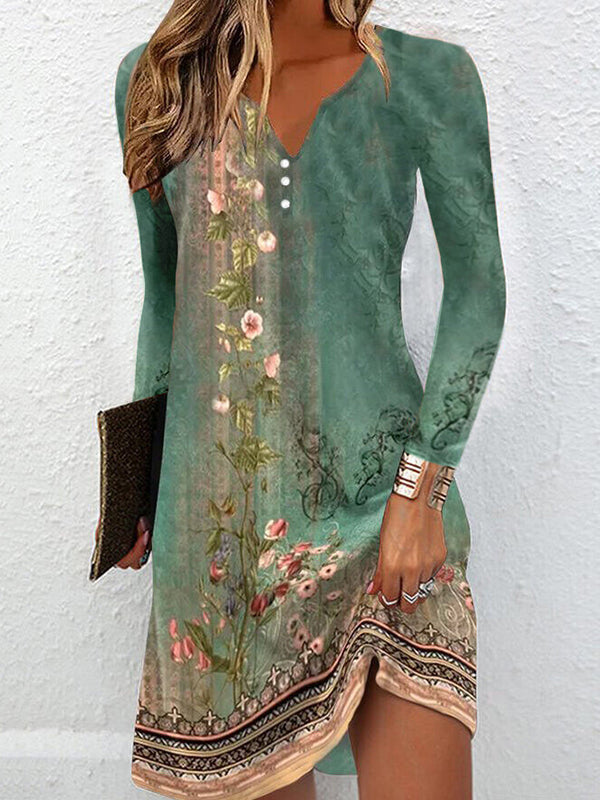 Olivia Bennet | Long Sleeves Loose Floral Printed V-neck Maxi Dresses Mini Dresses