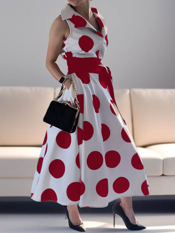 Olivia Bennet | A-Line Sleeveless Polka-Dot Split-Joint Tied Waist Lapel Maxi Dresses Shirt Dress