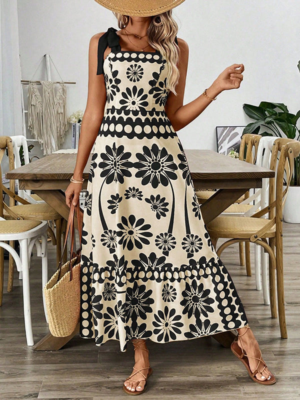 Olivia Bennet | A-Line Loose Elasticity Flower Print Pleated Tied Spaghetti-Neck Midi Dresses