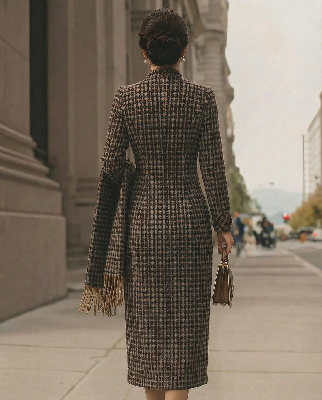 Olivia Bennet | Black and White Houndstooth Tailored Fit Wool-Blend Midi Dress