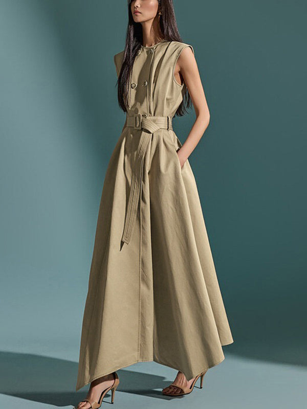Olivia Bennet | A-Line High Waisted Belted Buttoned Pockets Solid Color Round-Neck Maxi Dresses