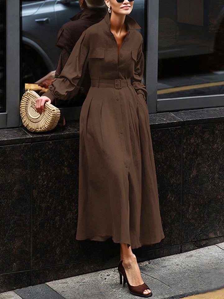 Olivia Bennet | Loose Puff Sleeves Pleated Solid Color Split-Joint Lapel Maxi Dresses Shirt Dress