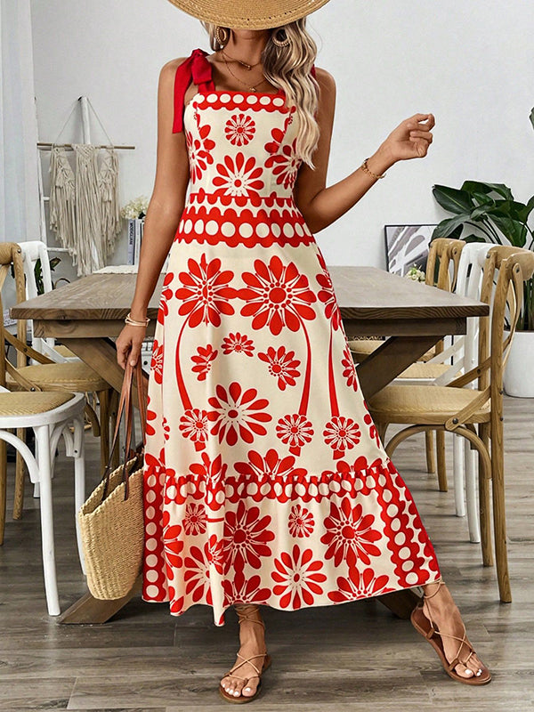 Olivia Bennet | A-Line Loose Elasticity Flower Print Pleated Tied Spaghetti-Neck Midi Dresses