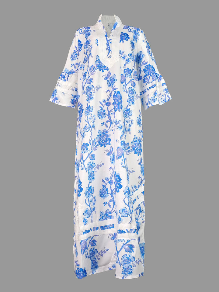 Olivia Bennet | Flared Sleeves Loose Flower Print Split-Joint Split-side Deep V-Neck Midi Dresses