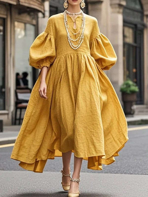 Olivia Bennet | Loose Puff Sleeves Solid Color Round-neck Maxi Dresses