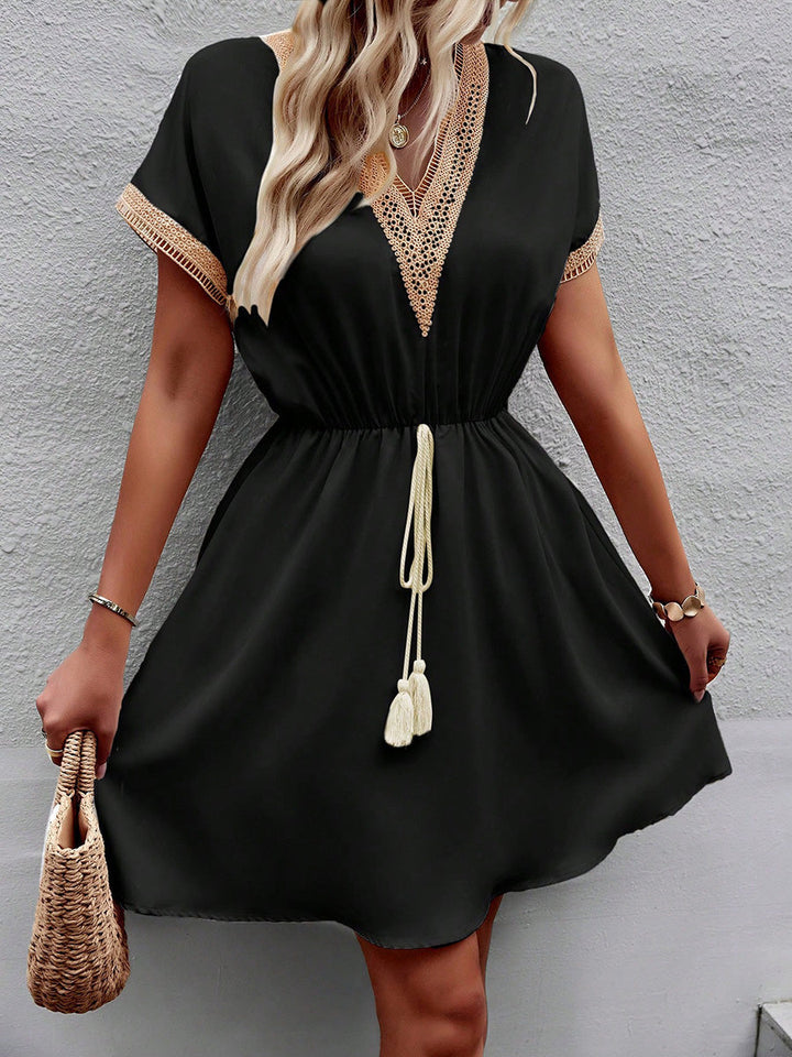 Olivia Bennet | A-Line Elasticated Waist Contrast Color Drawstring Hollow Split-Joint Tasseled Tied V-Neck Mini Dresses