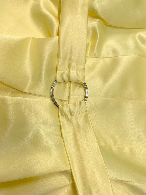 Olivia Bennet | A-Line Loose Belted Pleated Pockets Solid Color V-Neck Midi Dresses