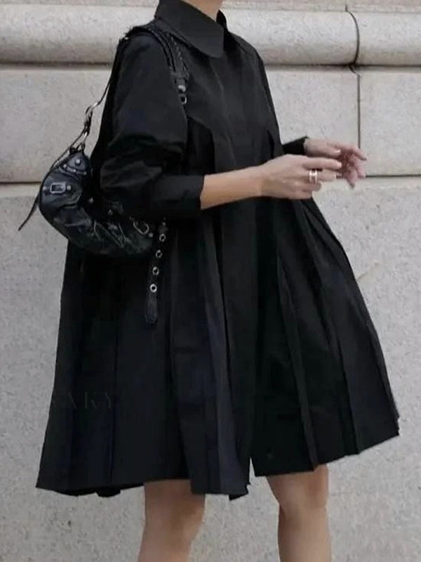 Olivia Bennet | Long Sleeves Buttoned Pleated Solid Color Lapel Midi Dresses Shirt Dress