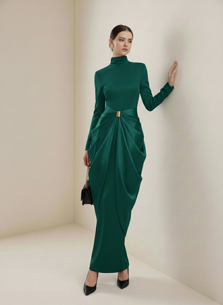 Olivia Bennet | Long Sleeves Buckle Draped High-Neck Evening Dresses Maxi Dresses