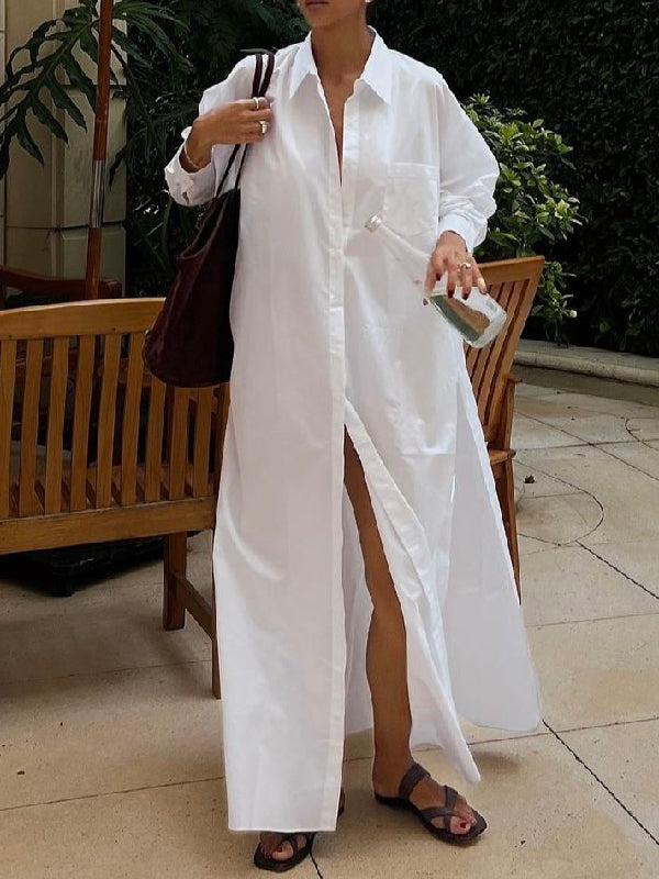 Olivia Bennet | Long Sleeves Loose Buttoned Solid Color Split-Side Lapel Maxi Shirt Dress