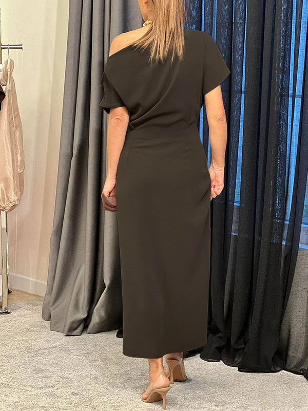 Olivia Bennet | Raglan Sleeve Asymmetric Pleated Split-Front Split-Joint One-Shoulder Evening Dresses Maxi Dresses