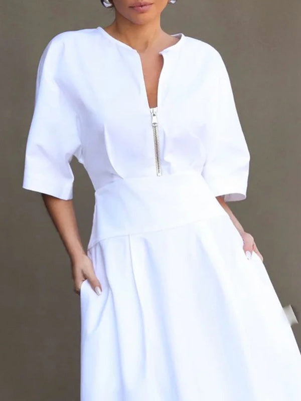 Olivia Bennet | Half Sleeves Loose Solid Color Zipper Round-Neck Maxi Dresses
