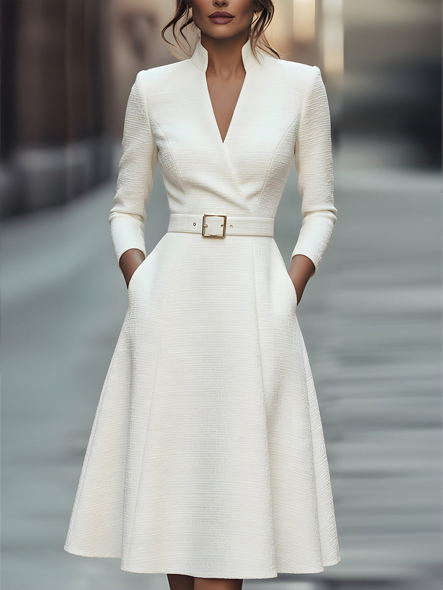 Olivia Bennet | White Belted V-Neck Textured Midi Dress