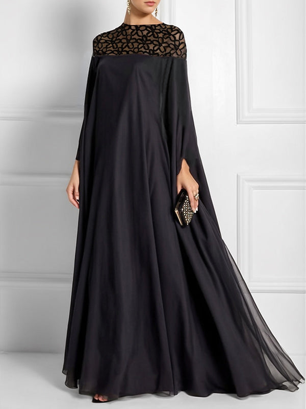 Olivia Bennet | Batwing Sleeves Loose Jacquard See-Through Solid Color Split-Joint Three-Dimensional Flower Round-Neck Maxi Dresses
