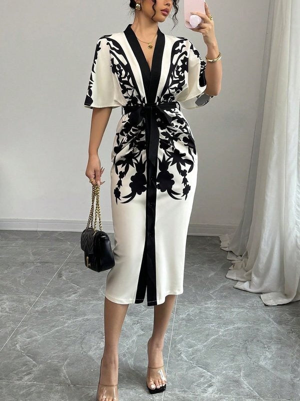 Olivia Bennet | Half Sleeves Flower Print Printed Tied Waist V-Neck Midi Dresses