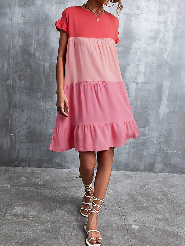 Olivia Bennet | Loose Ruffle Sleeves Contrast Color Falbala Pleated Split-Joint Round-Neck Mini Dresses