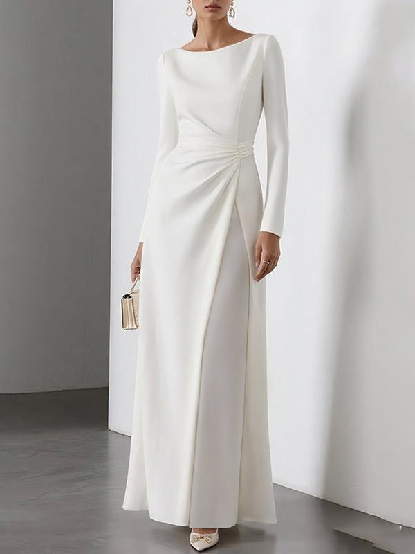 Olivia Bennet | High Waisted Long Sleeves Gauze Pleated Solid Color Split-Joint Round-Neck Maxi Dresses