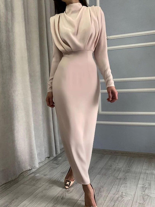Olivia Bennet | High Waisted Long Sleeves Pleated Solid Color Mock Neck Maxi Dresses Midi Dresses