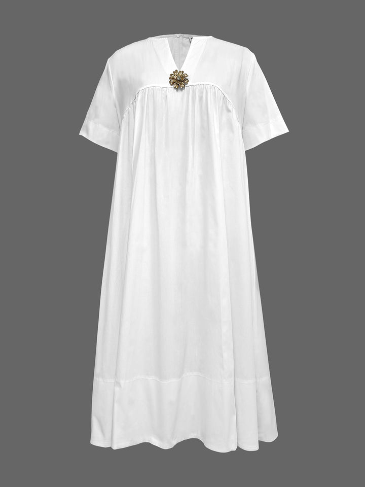 Olivia Bennet | Loose Short Sleeves Solid Color Deep V-Neck Midi Dresses Shirt Dress