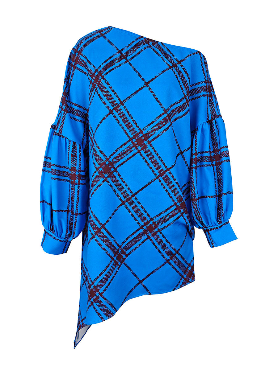 Olivia Bennet | Long Sleeves Puff Sleeves Asymmetric Contrast Color Plaid Pleated One-Shoulder Mini Dresses