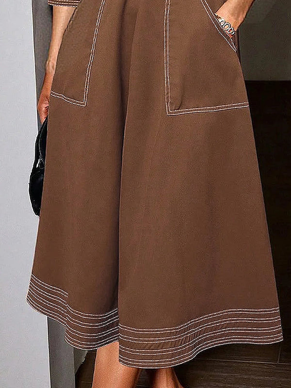 Olivia Bennet | Long Sleeves Loose Buttoned Elasticity Pockets Solid Color Lapel Maxi Dresses