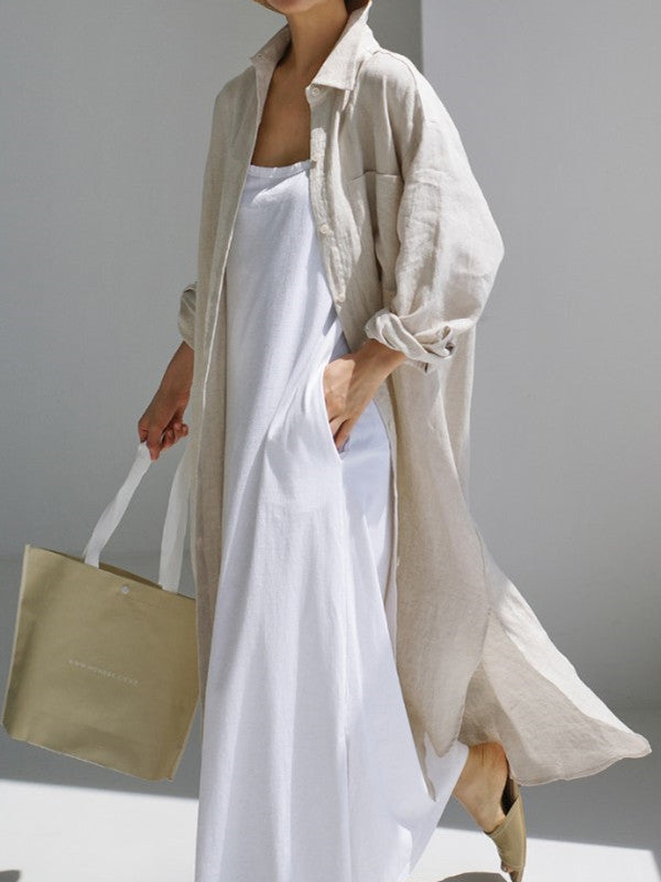 Olivia Bennet | Simple Long Sleeves Split-Side Solid Color Lapel Midi Dresses Shirt Dress