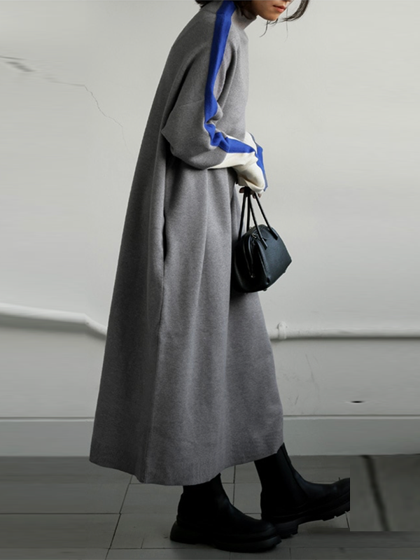 Olivia Bennet | Long Sleeves Loose Contrast Color Stand Collar Maxi Dresses