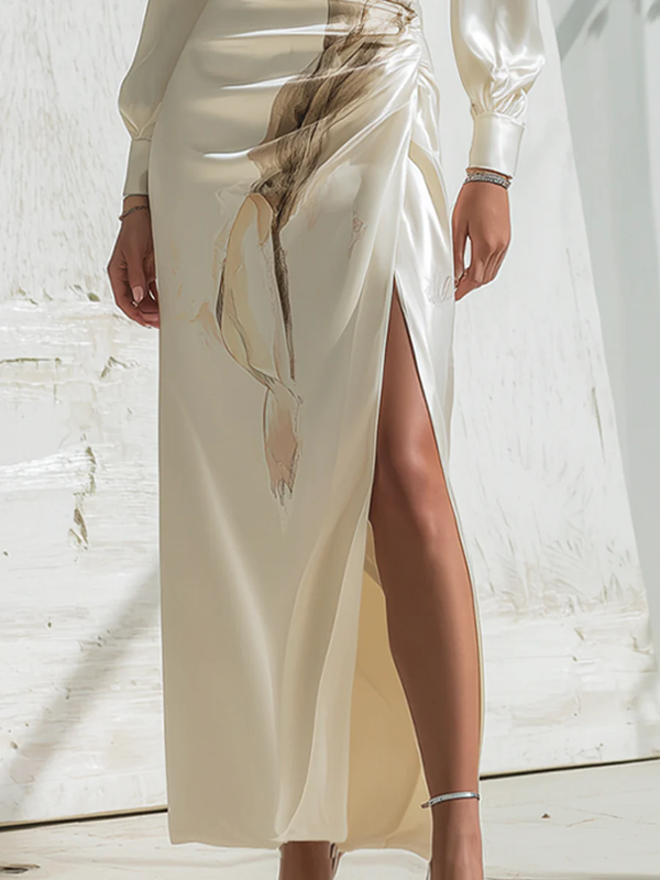 Olivia Bennet | Long Sleeves Flower Print Pleated Split-Side Round-Neck Maxi Dresses