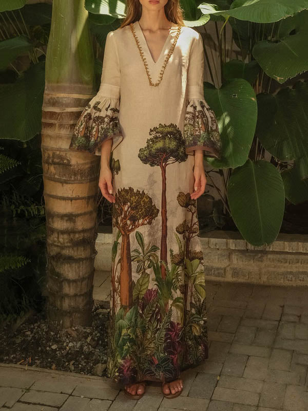 Olivia Bennet | Flared Sleeves Loose Leaves Print V-Neck Maxi Dresses