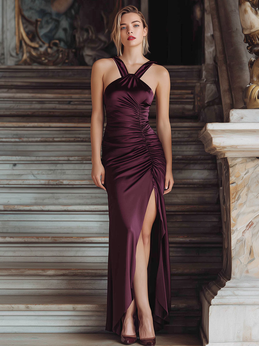 Olivia Bennet | Burgundy Double-Strap Ruched Satin Gown