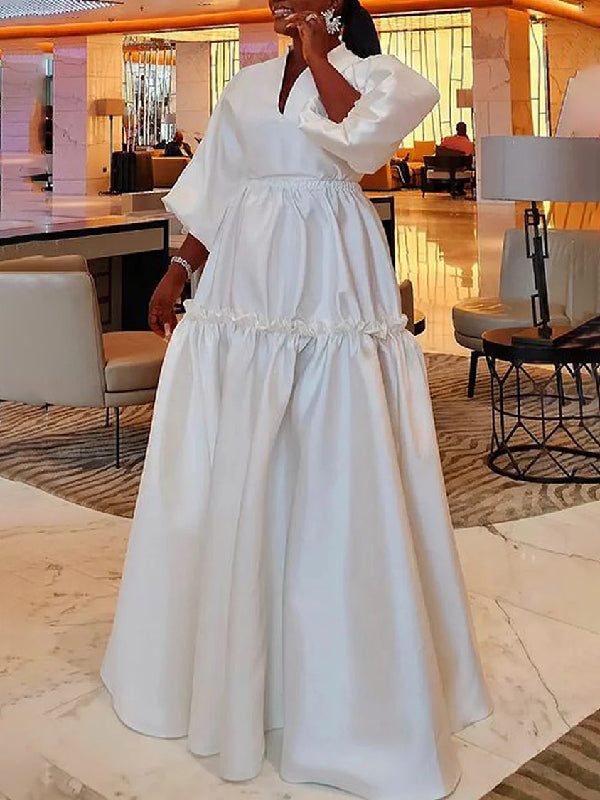 Olivia Bennet | High Waisted Puff Sleeves Falbala Solid Color V-Neck Maxi Dresses