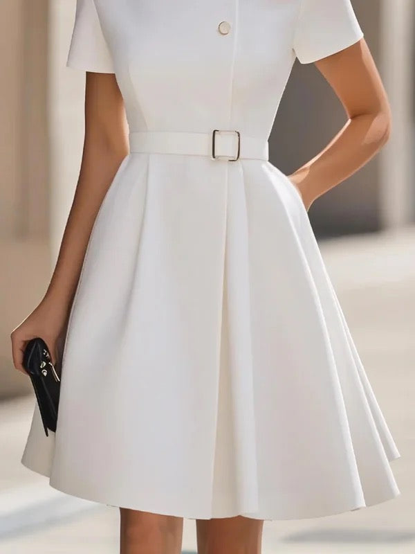Olivia Bennet | Short Sleeves Belted Buttoned Solid Color Stand Collar Mini Dresses