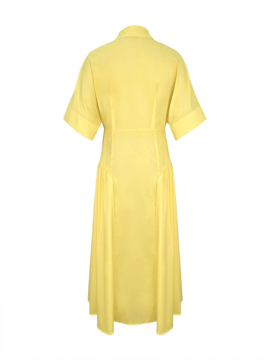 Olivia Bennet | Loose Short Sleeves Buttoned Pleated Solid Color Lapel Collar Midi Dresses Shirt Dress