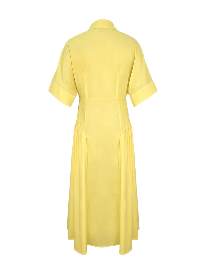 Olivia Bennet | Loose Short Sleeves Buttoned Pleated Solid Color Lapel Collar Midi Dresses Shirt Dress