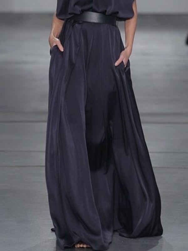 Olivia Bennet | Loose Raglan Sleeve Solid Color Split-Joint Tied Waist High Neck Maxi Dresses