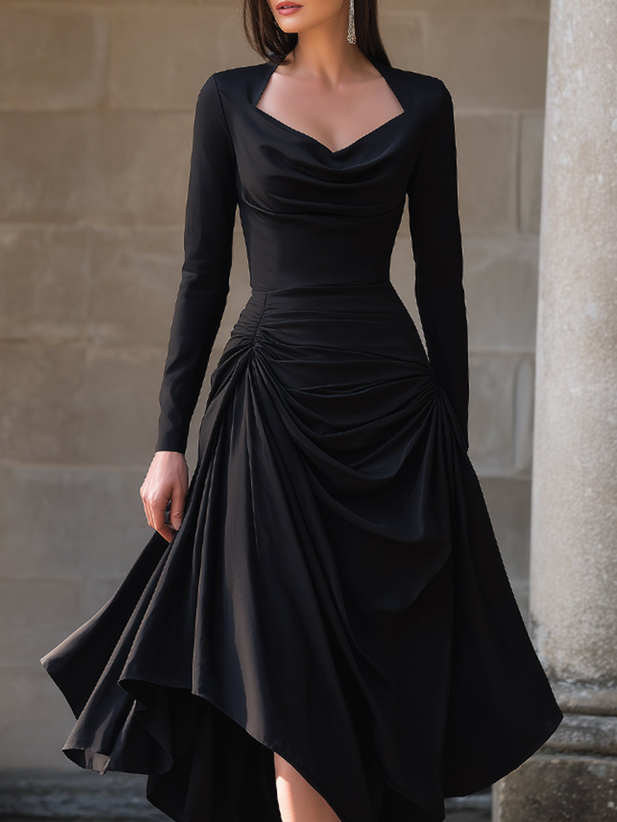 Olivia Bennet | Black Asymmetric Sculpted-Waist Midi Dress