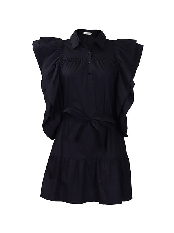 Olivia Bennet | A-Line High Waisted Buttoned Pleated Ruffled Solid Color Tied Waist Lapel Mini Dresses